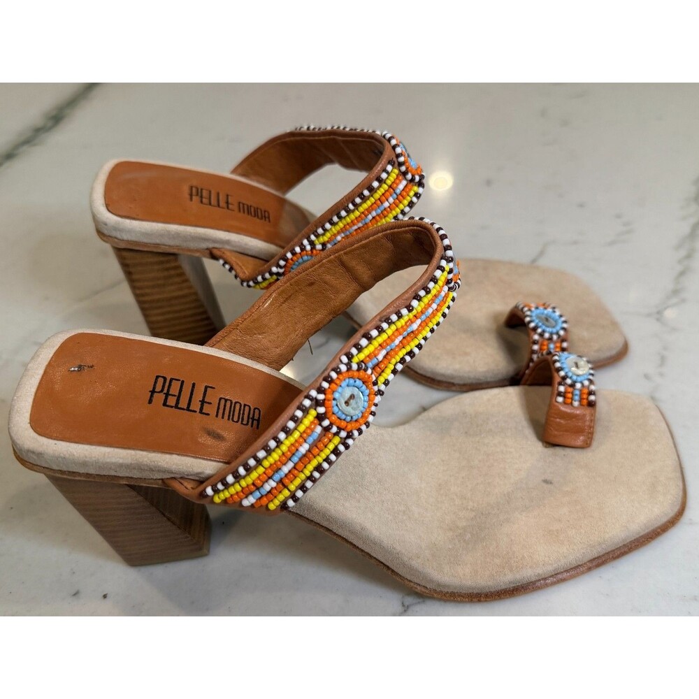 PELLE MODA Beaded Suede Leather Chunky Sandals Heels Size 6
